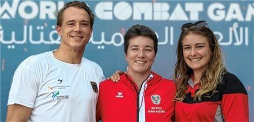 Lukas Bombik, Bianca Feichtlbauer und Anja Guercke (von links) vom TSV Bergen traten bei den World Combat Games an. Foto DJJV