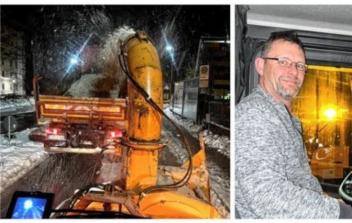 Schneeschleuder und Lkw sind im Gespann unterwegs.