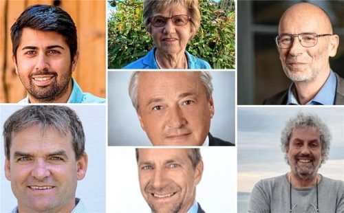 Die Fraktions- und Parteivorsitzenden Abuzar Erdogan (SPD, oben links), Peter Rutz (Grüne, unten links), Maria Knott-Klausner (FDP), Rudolf Hötzel (Republikaner, Mitte), Andreas Kohlberger (AfD, in der Mitte unten), Herbert Borrmann (CSU, oben rechts) und Robert Multrus (Freie Wähler/UP, unten rechts) reagieren auf den Haushalt 2024. Foto re