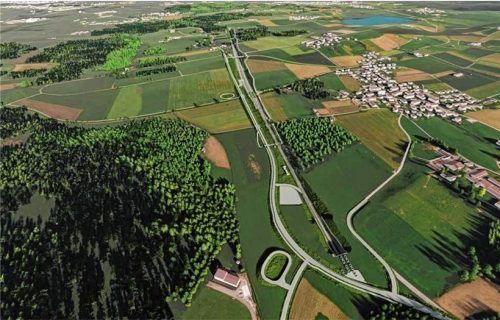 Die Visualisierung des Brenner-Nordzulaufs bei Riedering: Der Tunnel Ringelfeld endet nicht mehr am Südufer des Simssees, sondern führt bei Holzen (Gemeindegrenze zu Rohrdorf) wieder heraus. Dort soll auch der Überholbahnhof mit vier Gleisen hinkommen. Rechts oben liegt der Tinninger See.DB