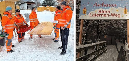 Die Vorbereitungen für den Aschauer Adventsmarkt mit dem Stern-Laternen-Weg laufen: Bauhofleiter Rudi Angermaier (rechts) und ein Teil seines Teams im Aschauer Kurpark bei der Arbeit. Foto H. Reiter