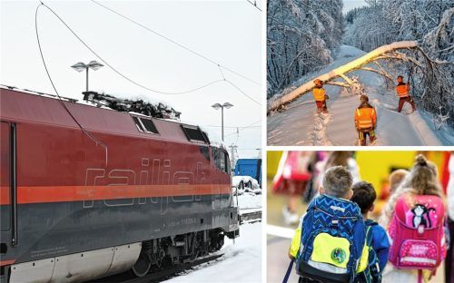 Eine gerissene Oberleitung sorgt nach wie vor dafür, dass im Bahnhof Rosenheim keine Züge rollen. Zudem krachen stellenweise weiterhin Äste und Bäume auf Gleise. Die meisten Schüler in der Region kamen am Montag trotzdem in die Schulen. Foto Schlecker/ dpa/BRB Niklas Brandt