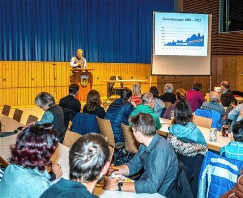 Samerbergs Bürgermeister Georg Huber informierte die Teilnehmer der Bürgerversammlung in seinem Rückblick zu aktuellen Themen.Foto Nitzsche