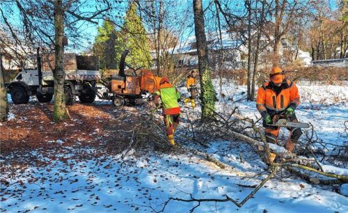 Sicherheit wird großgeschrieben: Bauhofmitarbeiter zersägen und häckseln die durch die Schneelast herabgestürzten Äste. Fotos Hadersbeck