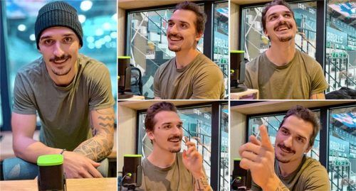 Stefan Reiter beim OVB-Starbulls-Podcast „Hart gecheckt“: Klar, dass sein Mitspieler Lukas Laub ihn mit einem deutschen Fußball-Nationalspieler vergleicht. Foto Hans-Jürgen Ziegler