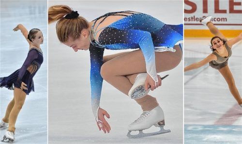 Die einheimischen Eiskunstläuferinnen von links: Alexandra Boxler (SV Pang) lief bei ihren ersten deutschen Jugendmeisterschaften auf Rang 14, Sarah Marek (EV Rosenheim) landete auf Platz 21 und Sofia Poll (SV Pang) erreichte Platz 17. Fotos MK-Sportfotografie