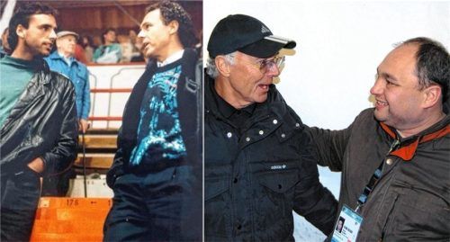 Die OVB-Sportredakteure Hans-Jürgen Ziegler (links/1987) und Thomas Neumeier (2009) im Gespräch mit Franz Beckenbauer im Eisstadion und beim Biathlon in Ruhpolding. Fotos privat