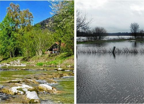 Wie gefährlich ist der Auerbach (links) bezüglich einer Überschwemmung von Oberaudorf? Die Hochwasserschutzpläne sollen die Frage beantworten. Foto Schmidt/ dpa (Carsten Rehder)