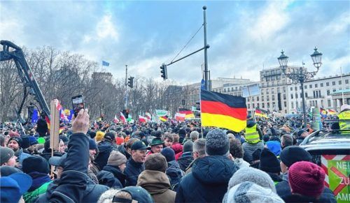 Zwischen Reichstag (links, hinter den Bäumen), Brandenburger Tor (rechts, knapp außerhalb des Bildes) und dem Tiergarten machten die Demonstranten am Montag Berlin dicht. Mit dabei mehrere Hundertschaften aus dem Landkreis Rosenheim. Foto Mayerhofer