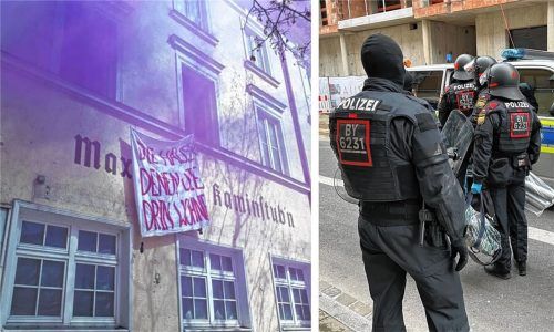 Aktivisten hatten am Donnerstag, 13. April 2023, in der Münchener Straße in Rosenheim ein Haus besetzt. Am Abend drang die Polizei in das Gebäude ein und nahm die Aktivisten fest.Fotos . Wildauer