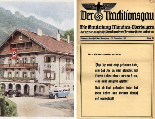 Aschau unterm Hakenkreuz: Das Burghotel (links) und ein Flugblatt des „Traditionsgaus München-Oberbayern“, der 1930 geschaffen wurde, um die Ideologie der Nationalsozialisten zu verbreiten. Fotos Heimat- und Geschichtsverein Aschau/Bavarikon