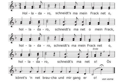 Dieses Lied vom „Frack“ kann endlos weitergesungen werden. Gehört von Kierner, Lengdorf 1982 (EBES-Volksmusik). Foto re
