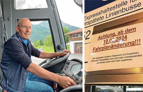 Ein Hinweisschild an den Inntaler Bahnhöfen irritierte manche Fahrgäste: Busunternehmer Kurt Margreiter wird ab dem 10. Februar die Buslinie 347 doppelt kürzen müssen. Foto Trautmann/Re