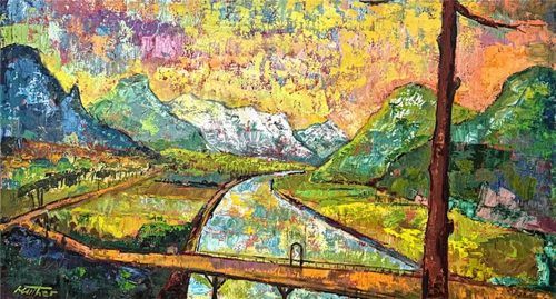 Inntal mit Holzbrücke, 1965, Öl auf Leinwand, 162 x 97cm. POLL-PLONUS