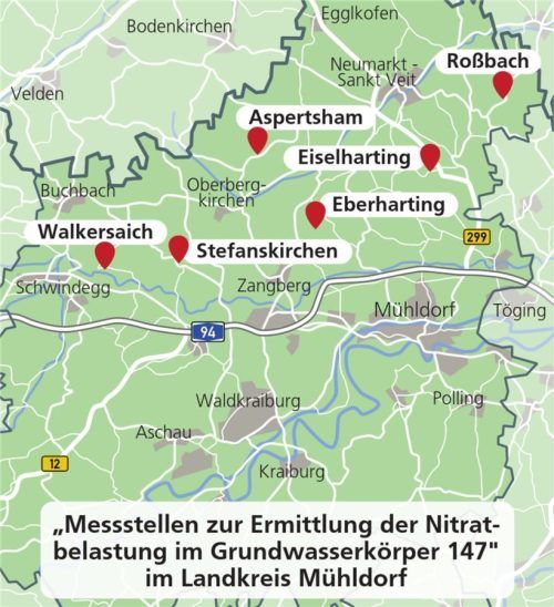 An diesen sechs Orten im Landkreis Mühldorf werden vom Wasserwirtschaftsamt Rosenheim Messstellen gebaut. Klinger