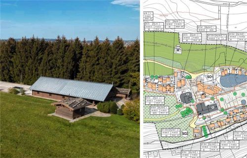 Auf dem Hitzelsberg in Bernau ist ein Chaletdorf geplant. Der Gemeinderat Bernau hatte nun in seiner Sitzung über Konzepte und Gutachten diesbezüglich gesprochen. Foto Collage: Foto Berger/ Herecon