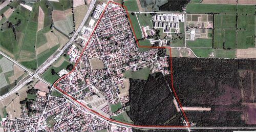 Das Foto zeigt die Ortsteile Irschen und Eichet. Für das Gebiet hatte das Ingenieurbüro Staller ein Sanierungskonzept mit Erschließungsstraßen und Infrastruktur erstellt. Foto Geoportal Bayern