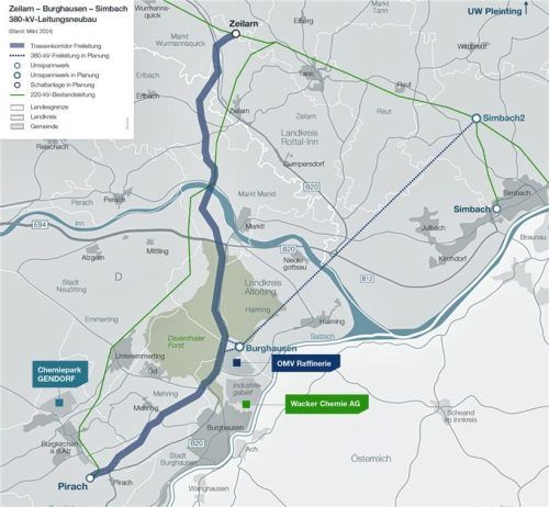 Der geplante Netzausbau zwischen Simbach und Burghausen.TenneT