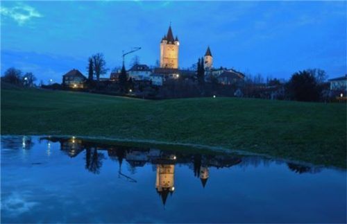 Der Haager Schlossturm spiegelt sich in einer Pfütze. Fotos Huber