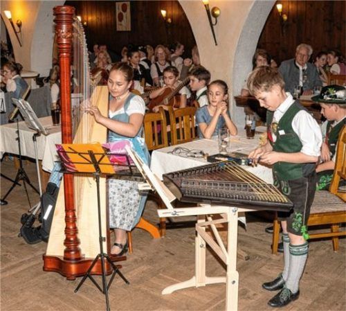 Die „Geschwister Kögl“ aus Großhelfendorf spielen mit Hackbrett und Harfe schneidig auf.
