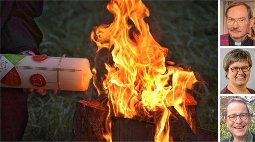 Die Osterkerze, die hier an einem Osterfeuer entzündet wird, steht symbolisch für die Auferstehung Jesu. Wieso sie so überzeugt sind, dass es das ewige Leben gibt, haben Bad Feilnbachs Pfarrer Ernst Kögler, Pastoralreferentin Monika Langer aus Feldkirchen-Westerham und der evangelische Pfarrer aus Bad Aibling, Markus Merz, verraten. Foto dpa Alfred Wedlich, re