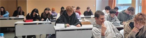 Die Schüler und Schülerinnen der zehnten Klasse des Aiblinger Gymnasiums beim konzentrierten Üben. Sie verfassen Kritiken zu den Filmen, die auf der Nonfiktionale gezeigt werden. Foto  RE