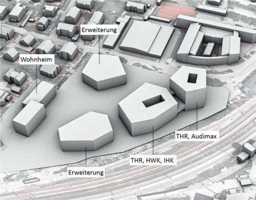 Die Verteilung der neuen Baukörper auf dem Campusgelände am Bahnhof nach dem Bebauungsplanentwurf der Planungsgruppe: Links ist das Wohnheim für Studenten, rechts oben das neue Gebäude mit den Lern- und Lehrstätten zu sehen. Je nach Platzbedarf sind auch zwei Erweiterungsbauten vorgesehen.Foto stadt Traunstein