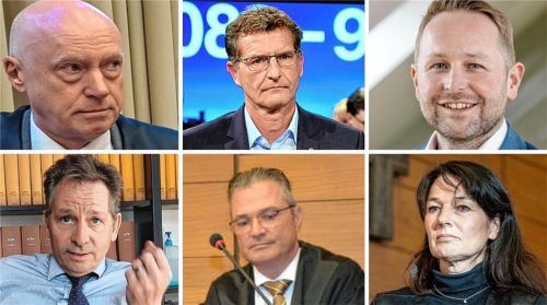 Erleichterung, aber auch ablehnende Reaktionen löste das Urteil im Hanna-Mordprozess aus. Unser Bild zeigt von links oben im Uhrzeigersinn: Anwalt Walter Holderle, Soko-Leiter Hans-Peter Butz, Rechtsanwalt Peter Dürr, Wahlverteidigerin Regina Rick, Verteidiger Markus Frank sowie Rechtsanwalt Harald Baumgärtl.Foto Weiser/ZIEGLER/xe/red/RE