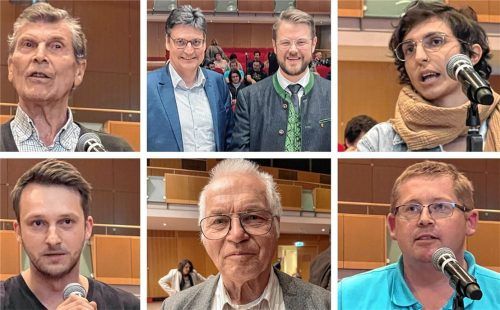 Fragen an Bürgermeister Michael Hetzl (Mitte, rechts) und Landrat Max Heimerl (Mitte, links) stellten (im Uhrzeigersinn, von oben rechts) Christina Athanatos, Thomas Ziegler, Wolfgang Schönfelder, Hubert Speckbacher und Oskar Rauh. Foto Latta