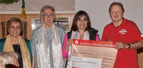Für den Verein „Namaste“ Nepalhilfe Klosterau nahm der Vorsitzende Hans Losbichler eine 1000-Euro-Spende aus den Händen des FrauenkreisesSt. Michael Mettenheim entgegen. Glückliche Geber waren die Vorsitzende Angelika Schmidt (Dritte von links), ihre Stellvertreterin Karin Golombek (Zweite von links) sowie Schatzmeisterin Ludwiga Mayer. Foto Kretschko