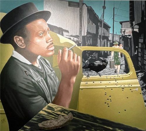 Inspiriert vom jamaikanischen Reggae-Song „Poor me Israelites“ von Desmond Dekker hat Hans Sagmeister sein mehrschichtiges Bild komponiert, das er folgendermaßen erklärt: Im Vordergrund sieht man eine Scheibe Brot, eine Anspielung auf das Gebet „Unser täglich Brot gib uns heute“ und ein armer, trauriger Mann, der von Frau und Kind verlassen wird.Foto kirchner