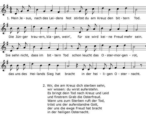 „Osternacht“ von Annette Thoma, dreistimmig veröffentlicht 1973 (Noten Ebes-Volksmusik). Schusser