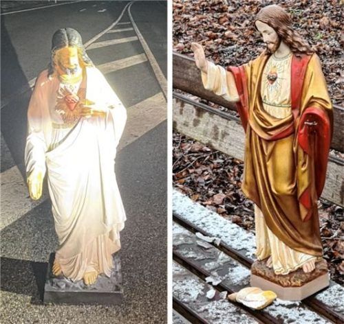 Während der Besitzer der Jesus-Figur (links), die im Dezember 2023 an einer Bundesstraße in Niederbayern abgestellt worden ist, ermittelt werden konnte, sind die „Christus-Erscheinungen“ von Feldkirchen-Westerham und Urbach in Baden-Württemberg (rechts) noch ungeklärt. Foto dpa/Polizeiinspektion Grafenau, dpa/Polizeipräsidium Aalen