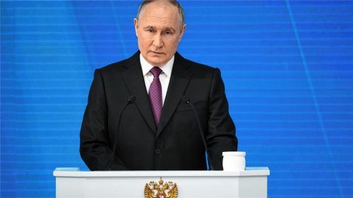 Wladimir Putin, Präsident von Russland, hält seine Rede zur Lage der Nation in Moskau. Foto dpa