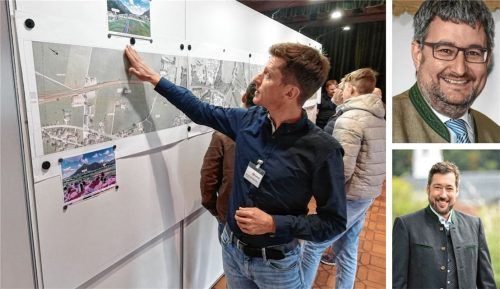 Auf offener Fläche, im Wildbarren oder gar nicht: Bei der Verknüpfungsstelle Niederaudorf sind sich Manuel Gotthalmseder (links), Projektabschnittsleiter der Deutschen Bahn, und die Bürgermeister Dr. Matthias Bernhardt (Oberaudorf, rechts, unten) sowie Stefan Lederwascher (Flintsbach) nicht einig. Foto Re