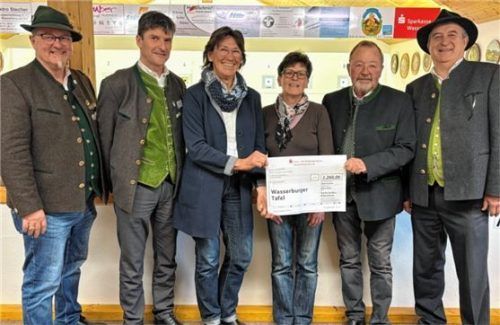 Bei der Scheckübergabe: (von links) Martin Soller, Kurt Huber, Renate Steinbichler, Evi Estermann, Bürgermeister Josef Huber und Christian Mayer.Foto re