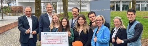 Bei der Spendenübergabe (von links): Schulleiter Randolf John, Mirko Gruber, Vorstand meine Volksbank Raiffeisenbank eG, Johann Hell von der VR, Marion Pilsl und Maria-Luise Wildmann, Lehrerinnen WSAlp, und Marktdirektor Manuel Brauer zusammen mit Tutoren der WSAlp.