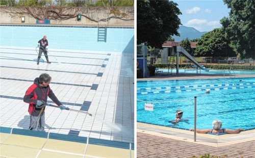 Damit die Besucher ab 1. Mai den Freibadbesuch in Kolbermoor genießen können, sind die beiden Bademeister Charlie Maier (vorne) und Helmut Eggerl schwer am Schuften. So haben sie in den vergangenen Tagen die Becken des Schwimmbads gereinigt. Fotos  Riediger, re