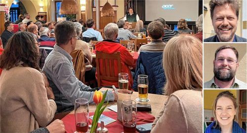 Die Situation der Gemeinde Eggstätt ist angespannt. Auf der Bürgerversammlung erläuterten Bürgermeister Christoph Kraus (rechts, von oben), Verwaltungsleiter Johannes Halser und Bauamtsleiterin Regina Maier, welche Folgen der enorme Investitionsstau hat. Fotos Gerlach / Hausmann