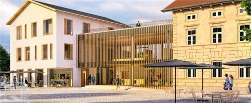 Diese Visualisierung zeigt, wie der Dorfplatz in Feldkirchen nach den Umbaumaßnahmen aussehen soll. Foto H2M Architekten + Ingenieure GmbH