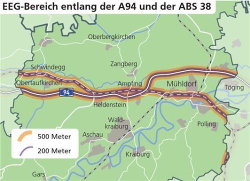 Energiestandorte A94 und Bahnlinie im Landkreis Mühldorf: Das Erneuerbare-Energien-Gesetz (EEG) fördert im Bereich bis zu 500 Meter neben Autobahnen und zweigleisigen Bahnlinien den Bau von PV-Anlagen. Im Bereich bis zu 200 Meter ist dafür nicht mal eine Bauleitplanung erforderlich. Klinger