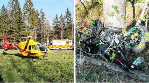 Hubschrauber, Polizei und Feuerwehr im Einsatz: Wieder hat es einen Motorradfahrer am Sudelfeld erwischt. Foto reisner