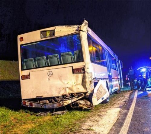 Nach einem Bremsmanöver kam einer der Busse in einer angrenzenden Wiese zum Stehen.Foto Lamminger