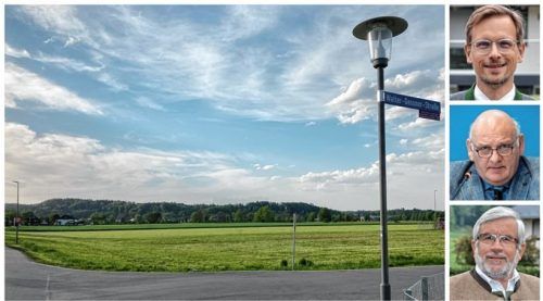 Den Bau einer Flüchtlingsunterkunft auf diesem Grundstück bei Westerham will Pro-Bürger-Vertreter Franz Bergmüller (Mitte) notfalls auch mit rechtlichen Mitteln verhindern. Einen Vorstoß, den Grünen-Rat Michael Günzl (oben) ablehnt, Georg Meixner (Ortsliste Vagen) hingegen unterstützt. Foto Weinzierl, dpa, re