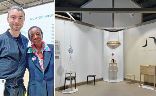 Der Ampfinger Schreiner und Designer war zur weltweit größten Möbelmesse eingeladen. Möglich machte das die Branchengröße Marva Griffin (links). Sein Stand war ein Erfolg. Foto privat