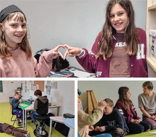 Die beiden Freundinnen Lulani (oben links) und Emma (oben rechts) mögen den Unterricht mit Lernbegleitern und Lehrern. Fotos Blum