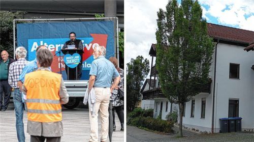 Die Umwandlung des ehemaligen Seniorenheims „Haus Mangfall“ an der Oberen Breitensteinstraße in eine Flüchtlingsunterkunft (rechts) hatte unter anderem zu einer AfD-Kundgebung geführt, bei der auch AfD-Stadtrat Christian Demmel (links, Mitte) vor rund gut 100 Zuhörern ans Rednerpult getreten war. Foto Thomae/ Weinzierl