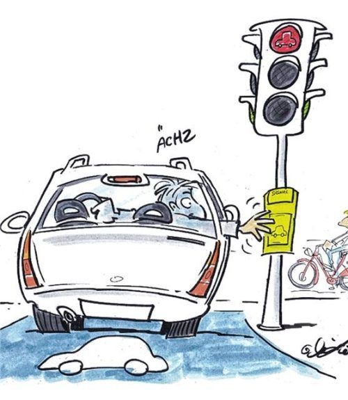 Eine Karikatur der Ausstellung „Absurdes aus der Verkehrsplanung“. Foto re