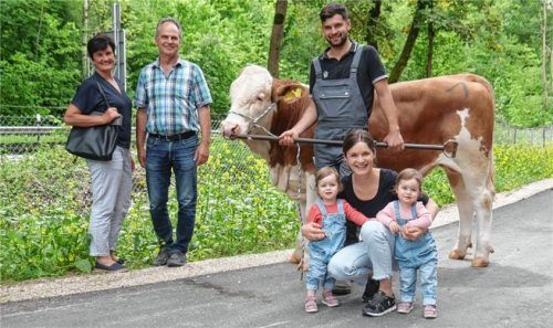 Familie Kellner aus Rotkampeln mit dem Stier Merit, der in den Besamungseinsatz bei der Station Bauer geht. Foto rinderzuchtverband traunstein
