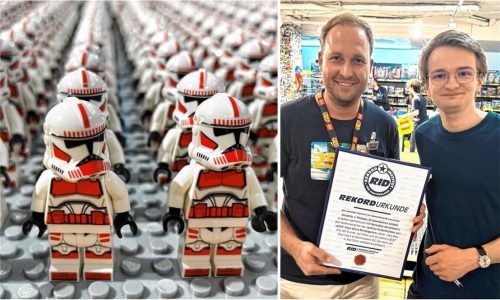 Freude über die Auszeichnung: Benedikt Ruhe (rechts), der ein Lego-Museum in Rosenheim betreibt, und Hendrik Bergmann haben einen Weltrekord für die größte Präsentation von Lego-Star-Wars-Minifiguren aufgestellt. Fotos RID